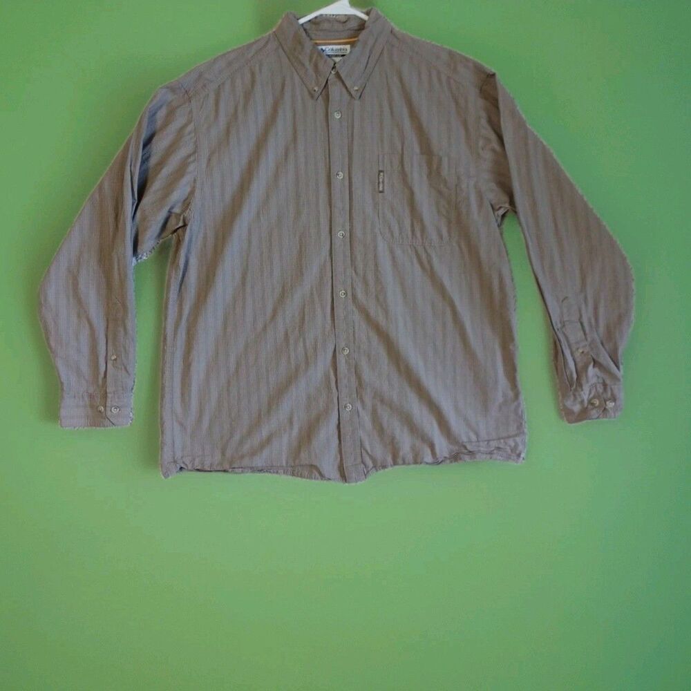 Columbia Mens XL Tan Plaid Shirt Long Sleeve Button 100% Cotton Outdoor Hiking L